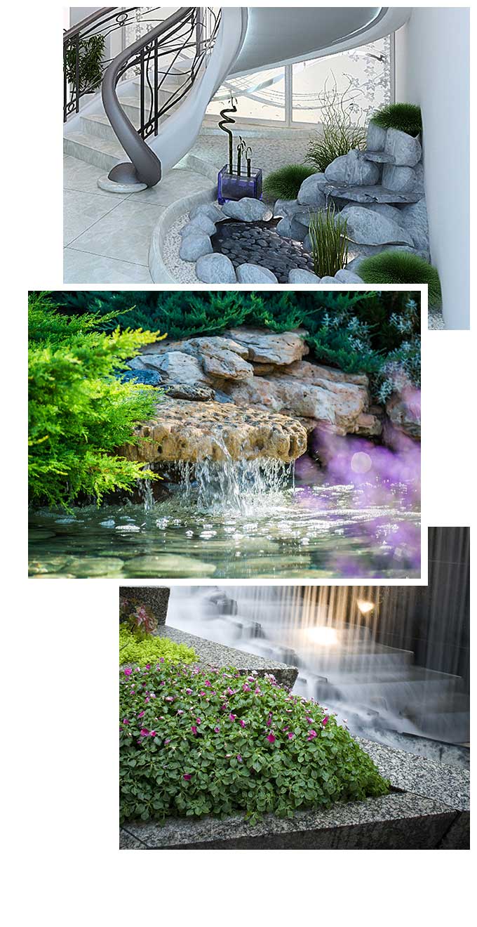three photos of indoor and outdoor landscape and ornaments